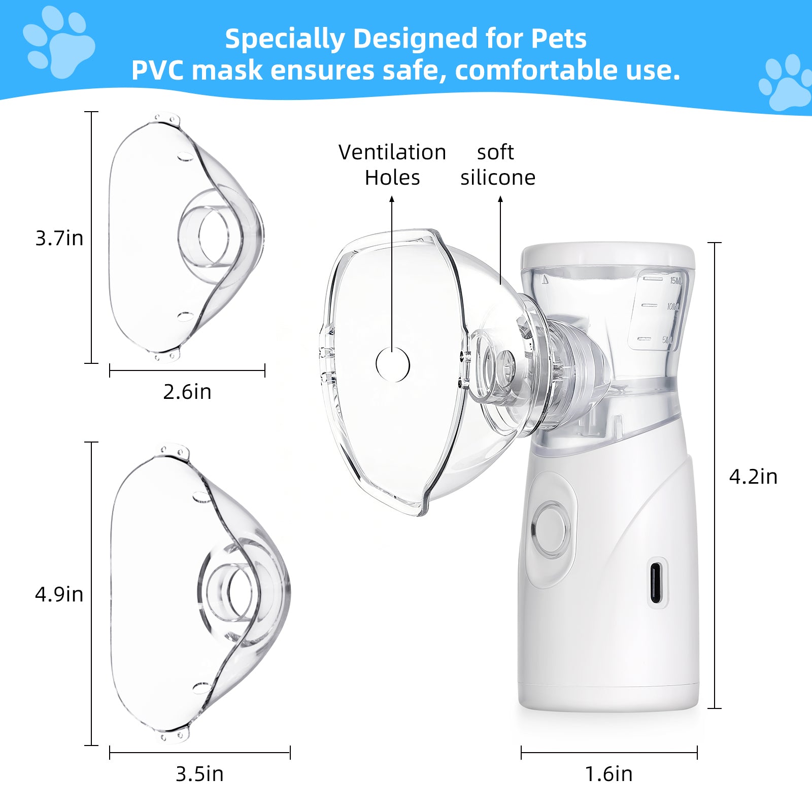 Portable Pet Atomizer for Cats & Dogs, Quiet Rechargeable Fine Mist Sprayer with 2 Masks, Handheld Pet Care Device for Home Travel Use (Type-C Charging)