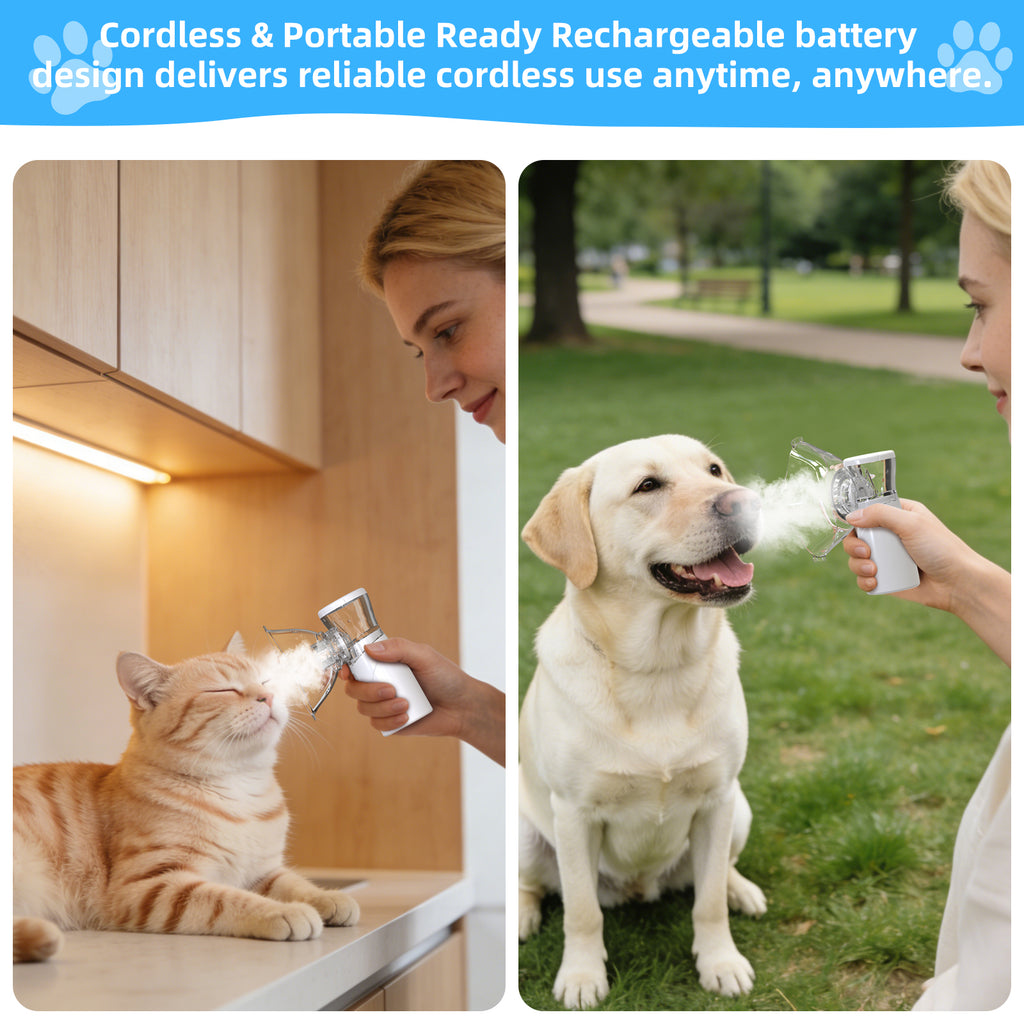 Portable Pet Atomizer for Cats & Dogs, Quiet Rechargeable Fine Mist Sprayer with 2 Masks, Handheld Pet Care Device for Home Travel Use (Type-C Charging)