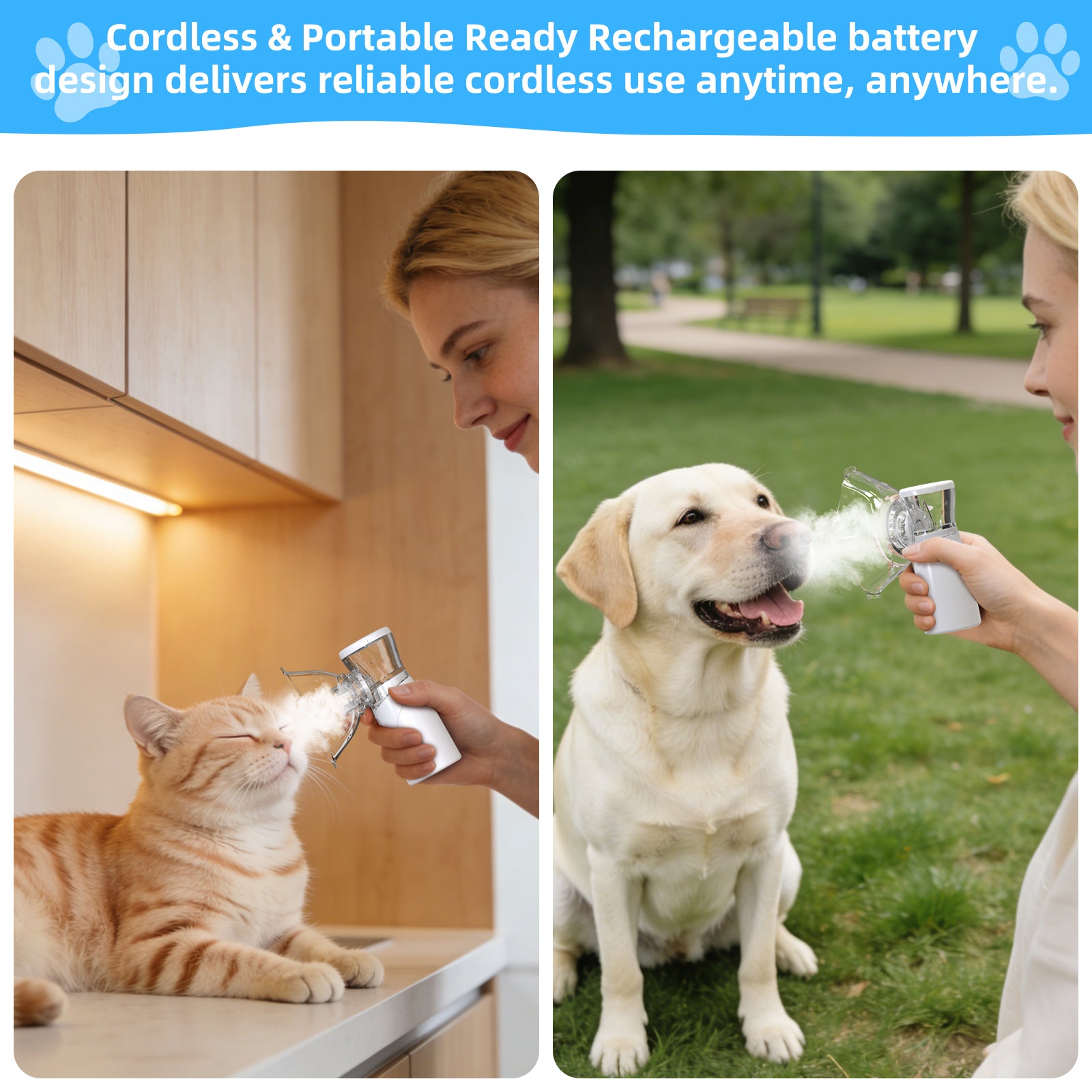 Portable Pet Atomizer for Cats & Dogs, Quiet Rechargeable Fine Mist Sprayer with 2 Masks, Handheld Pet Care Device for Home Travel Use (Type-C Charging)