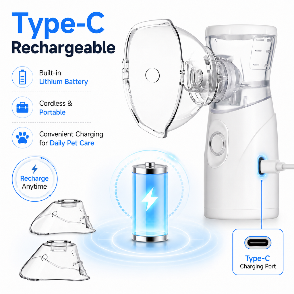 Portable Pet Atomizer for Cats & Dogs, Quiet Rechargeable Fine Mist Sprayer with 2 Masks, Handheld Pet Care Device for Home Travel Use (Type-C Charging)